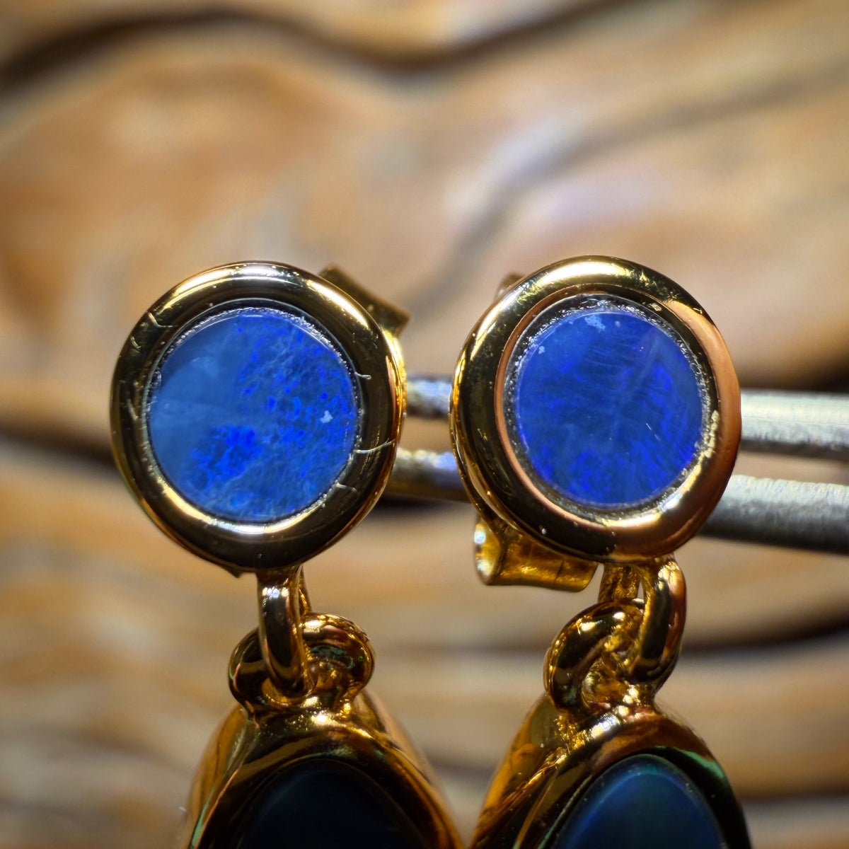 Wild Card! Sterling Silver Gold Plated  - Australian Boulder Opal Doublet Drop Stud Earrings Unique 4 Stone Limited Edition