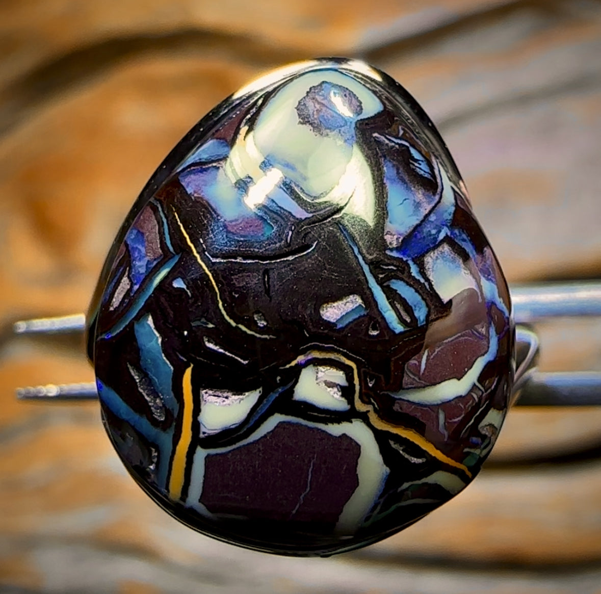 YUMMY MUMMY Sterling Silver - Solid Top Tribal Boulder Opal Ring Swept Shank Design