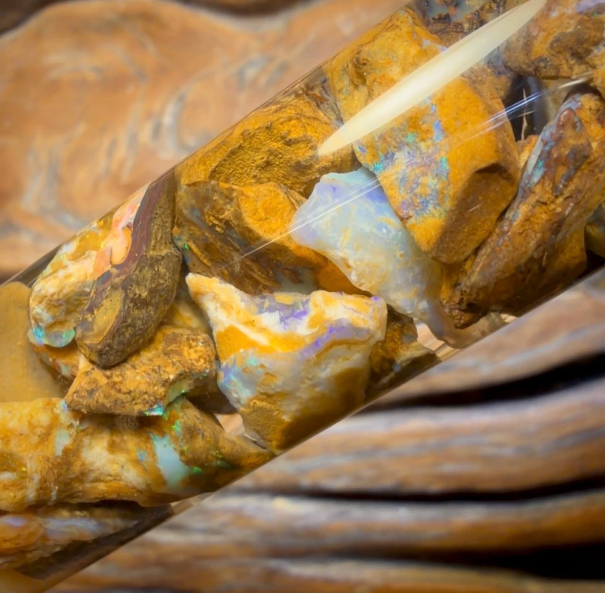 121,8 ct – Phiole mit Yowah-Nussopal-Rohstein und fossilem Opal