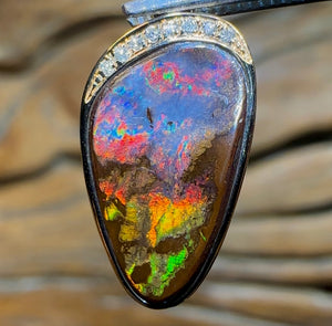 14k Gold - Solid Australian Boulder Opal Pendant with Diamonds