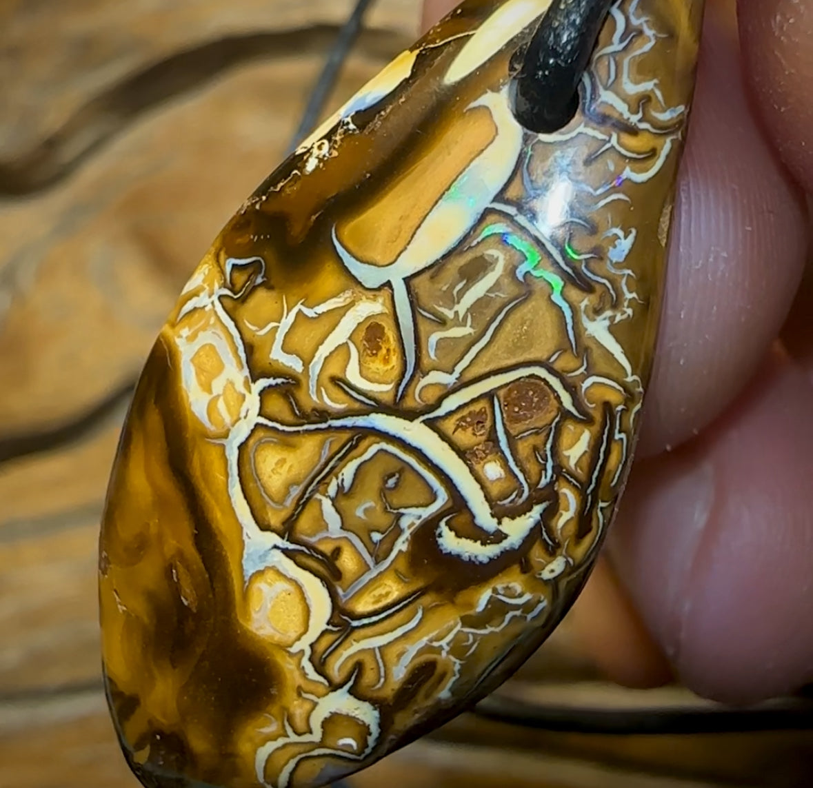 37 x 18mm - “Cave Art” Drilled Australian Top Tribal Boulder Opal Necklace Picture Stone