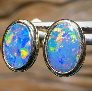 14k Gold - Classic Multicolour Fire Queensland Boulder Doublet Earrings - Opal Whisperers