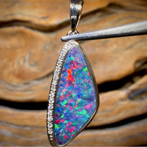 14k Gold - Queensland Boulder Opal Doublet Pendant Top Red Multi Fire with Diamonds New 2026