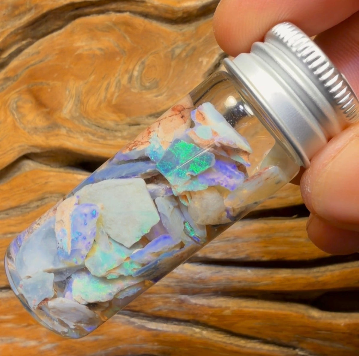 57.8cts - Rare Mintabie Rough Opal Vial. South Australian Opal
