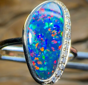 14k Gold - Queensland Boulder Opal Doublet Ring with Diamonds Red Fire - Opal Whisperers