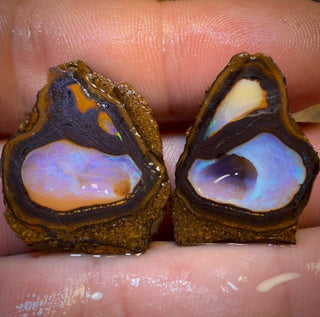 49,7 cts - Paire de spécimens bruts de noix de Yowah avec centre cristallin partiel « Owl Eyes ».
