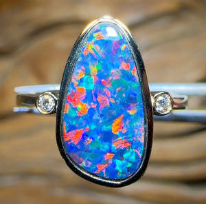 14k Gold - Queensland Boulder Opal Doublet Ring with Diamonds Red Fire - Opal Whisperers