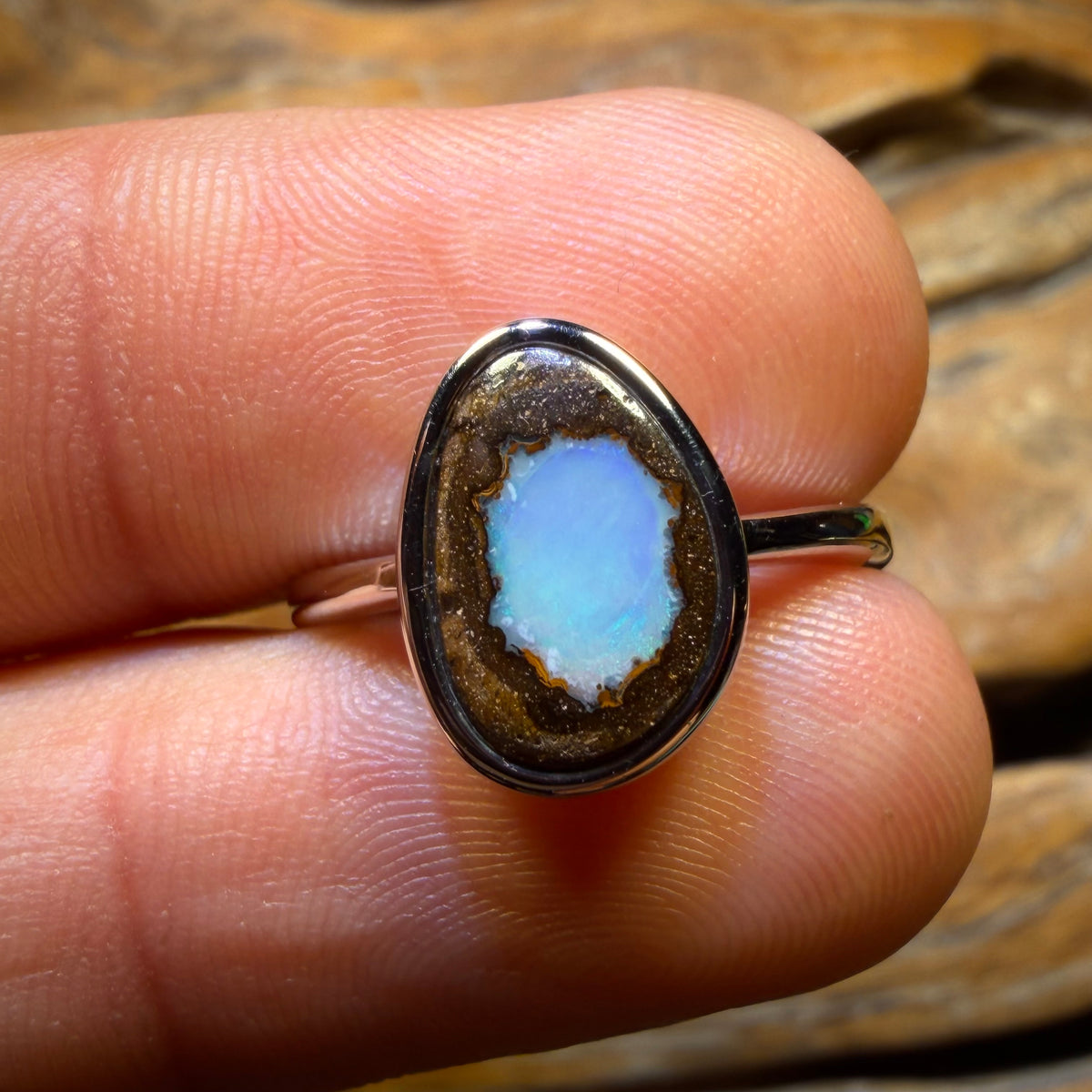 Sterling Silver - Solid Queensland Boulder Opal Ring Crystal Center