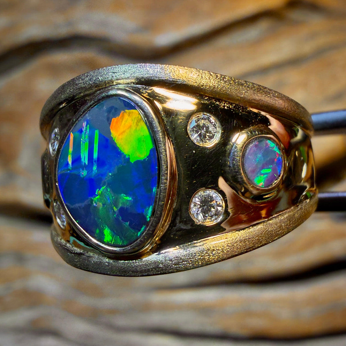 14k Gold - NEW Isaac Design TOP Queensland Boulder UNISEX Opal Doublet and Diamond Ring Harlequin Style Pattern