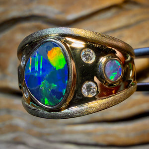 14k Gold - NEW Isaac Design TOP Queensland Boulder UNISEX Opal Doublet and Diamond Ring Harlequin Style Pattern