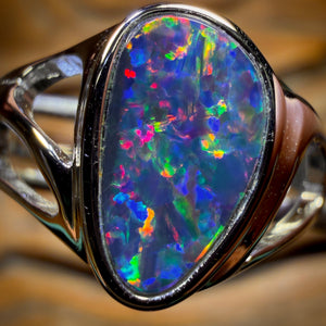Sterling Silver - Queensland Boulder Opal Doublet Ring Top Top Red Multi