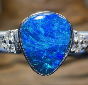 14K White Gold - Queensland Boulder Opal Doublet Ring with Diamonds - Opal Whisperers