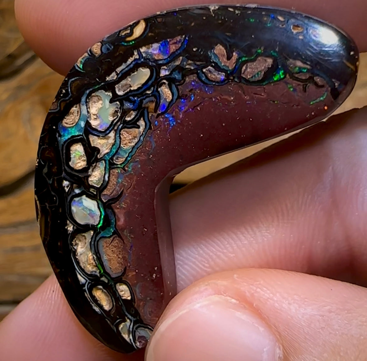 59.8cts - “Tribal Boomerang” Koroit Opal. Double Sided - Opal Whisperers