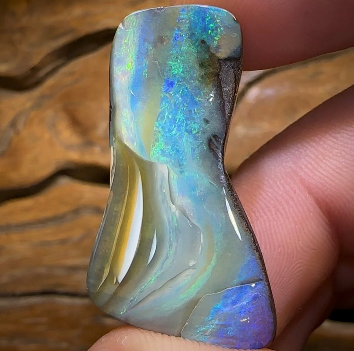 57.5cts - “Sleeping Vesuvius” Queensland Boulder Seam Opal from Winton Picture Stone - Opal Whisperers