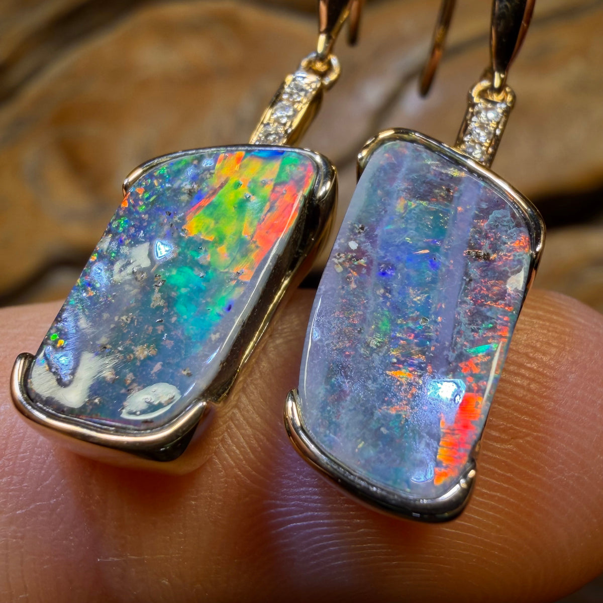 18k Gold - Unique Solid Australian Boulder Opal Splits Hook Earrings Top Red Multi Colour with Diamonds