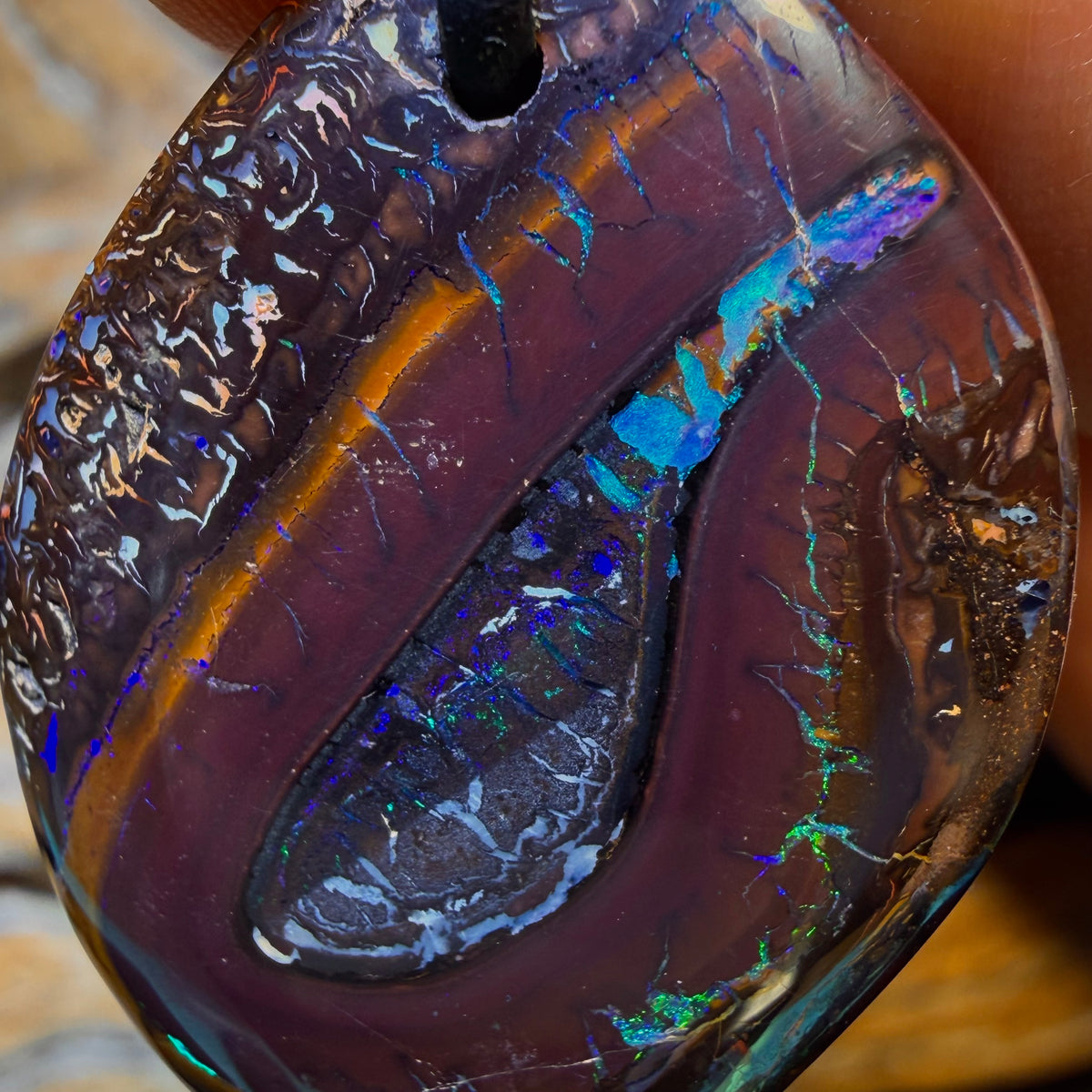 38 x 27mm - “Wale” Drilled Tribal Queensland Boulder Opal Picture Stone Necklace