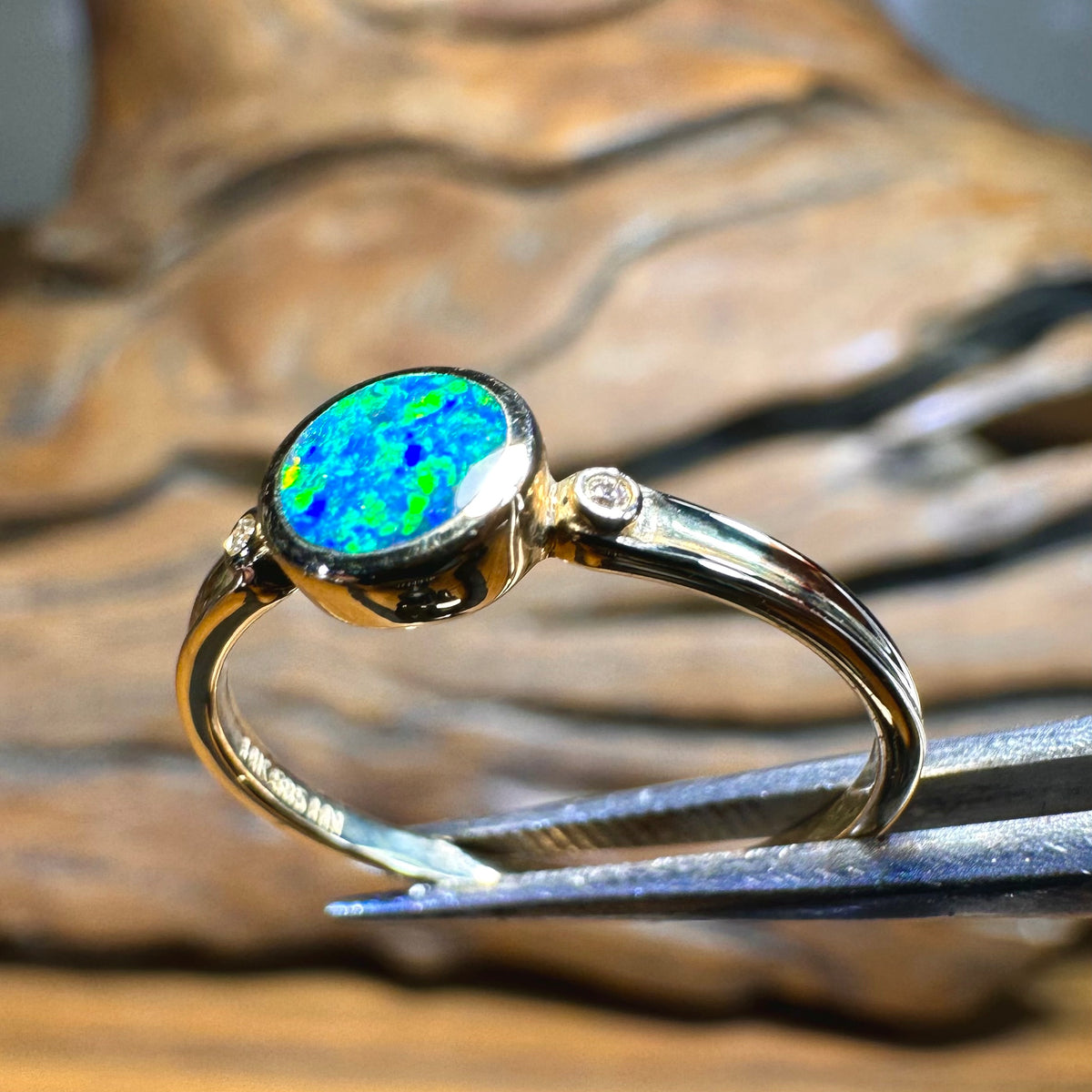 14k Gold Boulder Doublet Opal Ring with Diamonds - Opal Whisperers