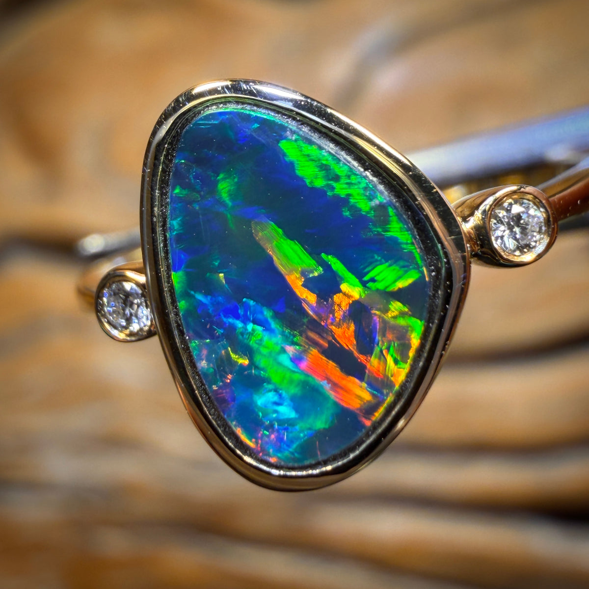 14k Gold - Rainbow Magic Queensland Boulder Opal Doublet Ring Top Multicolour