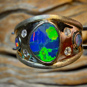 14k Gold - NEW Isaac Design TOP Queensland Boulder UNISEX Opal Doublet and Diamond Ring Harlequin Style Pattern