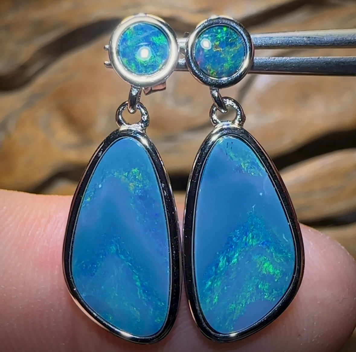 Sterling Silver - Unique One Off Australian Boulder Opal Doublet Drop Stud Earrings