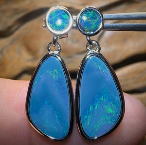 Sterling Silver - Unique One Off Australian Boulder Opal Doublet Drop Stud Earrings