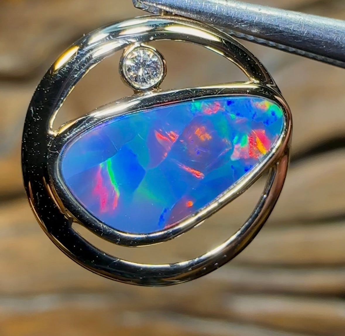 14k Gold - Queensland Boulder Doublet Opal Pendant with Diamond - Opal Whisperers