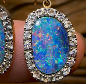 9k Gold - Australian Boulder Opal Doublet Hook Earrings with White Sapphires.