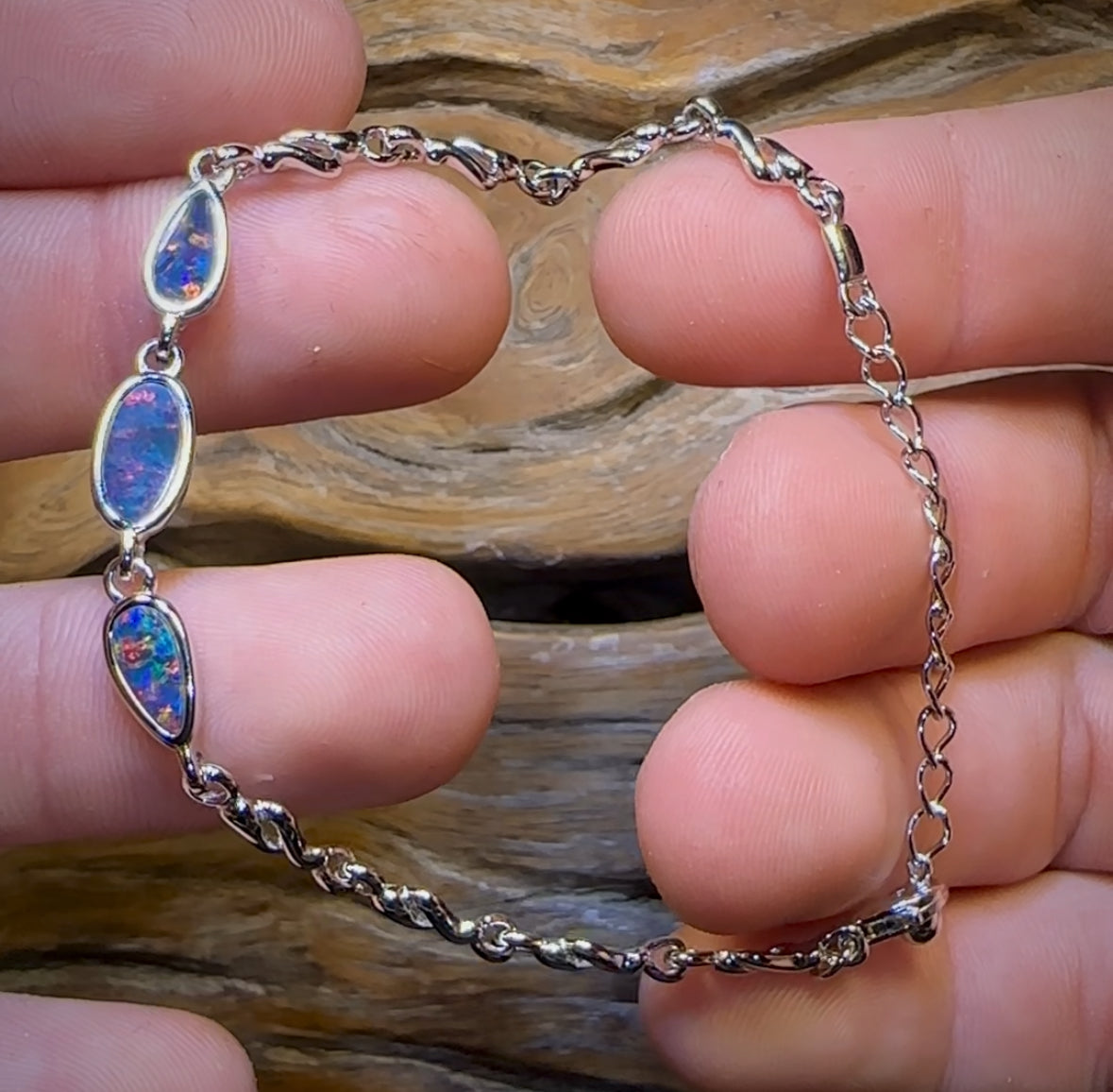 Sterling Silver - Australian Boulder Doublet Opal Bracelet Top Red Orange Multi Colour