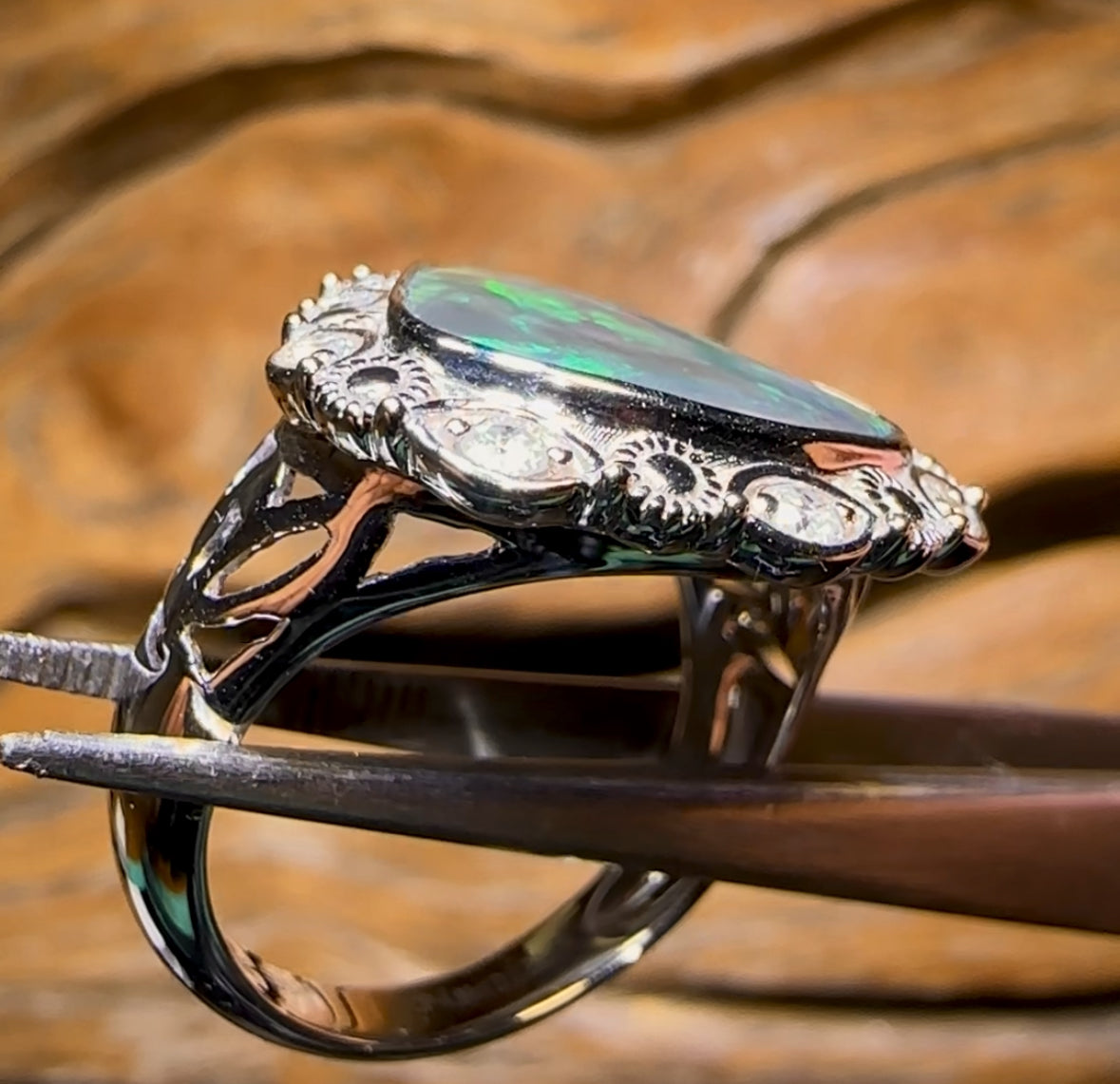 14k White Gold - Solid Lightning Ridge Black Opal Ring