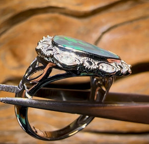 14k White Gold - Solid Lightning Ridge Black Opal Ring