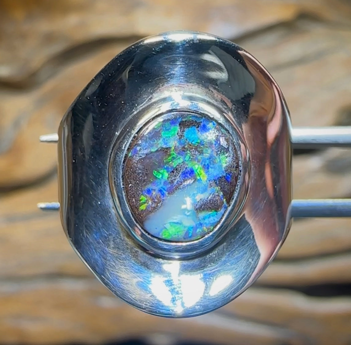 Silver Solid Boulder Australian Opal Ring - Opal Whisperers
