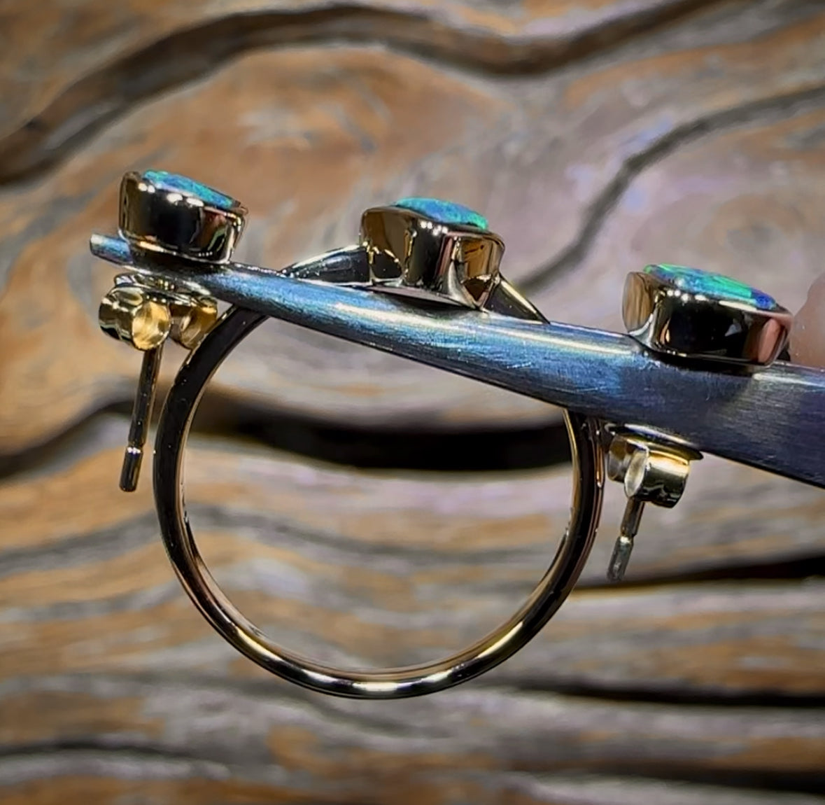 14k Gold - Solid Queensland Boulder Opal Ring and Earring Set