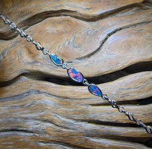 Sterling Silver - Australian Boulder Doublet Opal Bracelet Top Red Orange Multi Colour