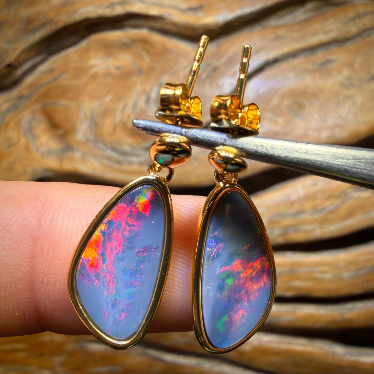 “Big Reds” Sterling Silver Gold Plated - Australian Boulder Opal Doublet Drop Stud Earrings