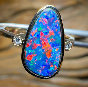 14k Gold - Queensland Boulder Opal Doublet Ring with Diamonds Red Fire - Opal Whisperers