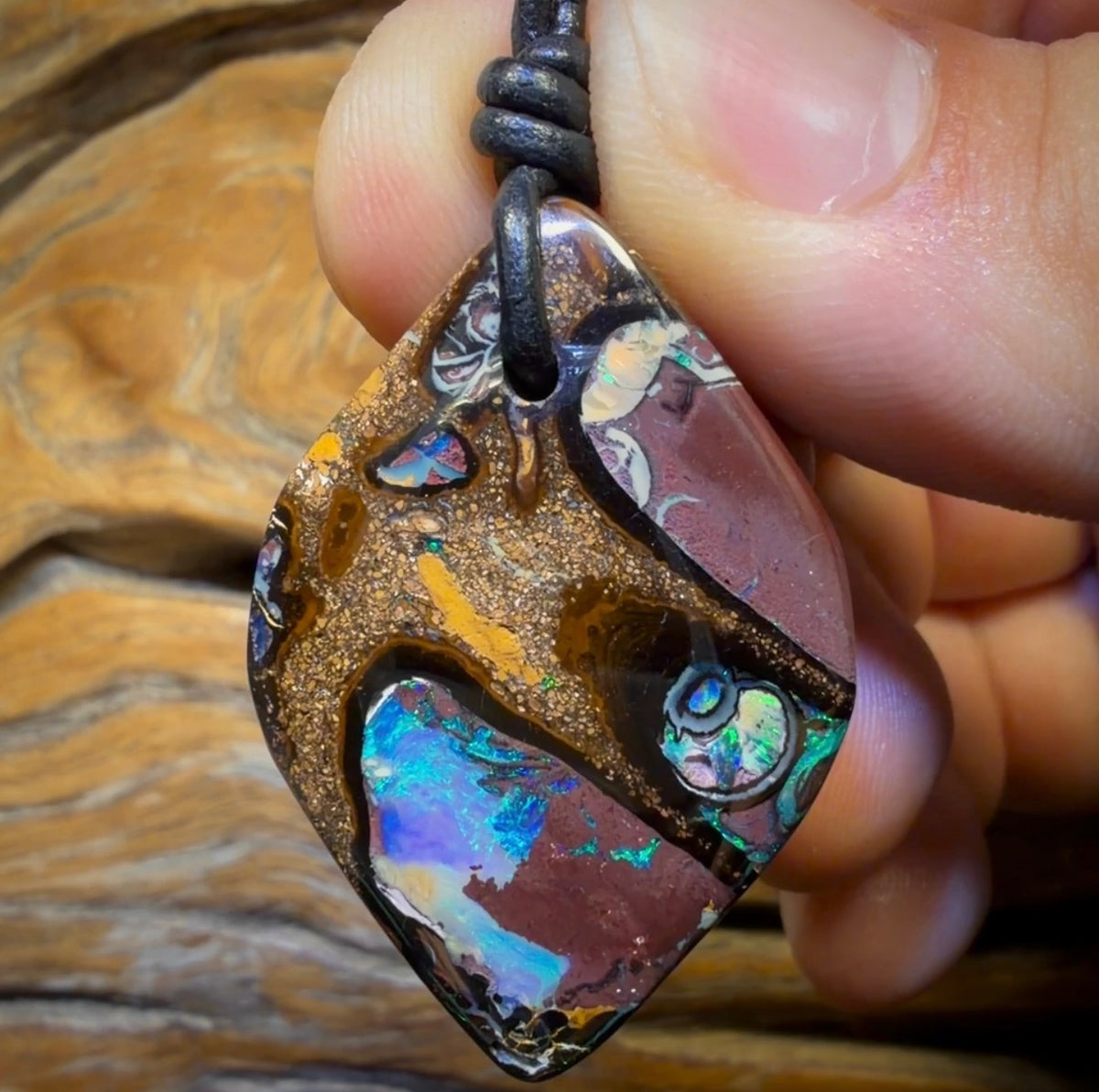 38 x 26mm - Double Sided Triple Kernel Drilled Queensland Boulder Opal Necklace