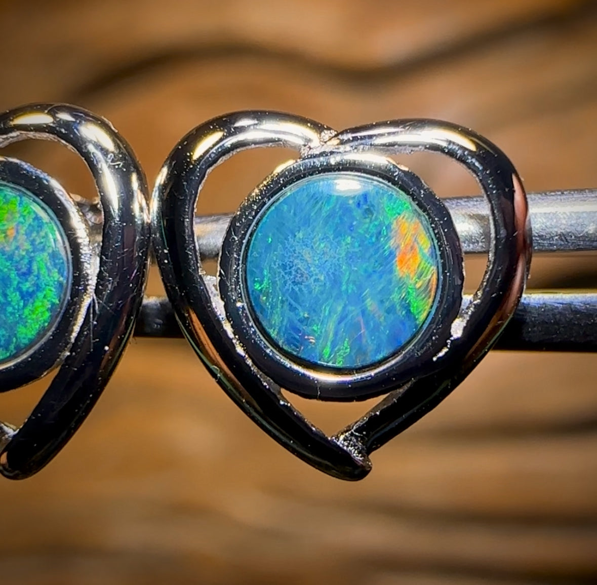 Sterling Silver - Australian Boulder Opal Doublet Heart Stud Earrings Green/Blue. Bulk Listing