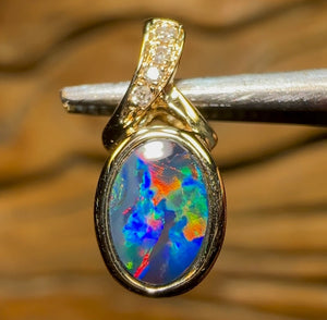 14k Gold - Queensland Boulder Doublet Opal Pendant with Diamonds