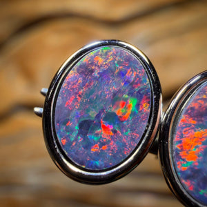 Sterling Silver - Australian Boulder Opal Doublet Stud Earrings. Best Red Earrings