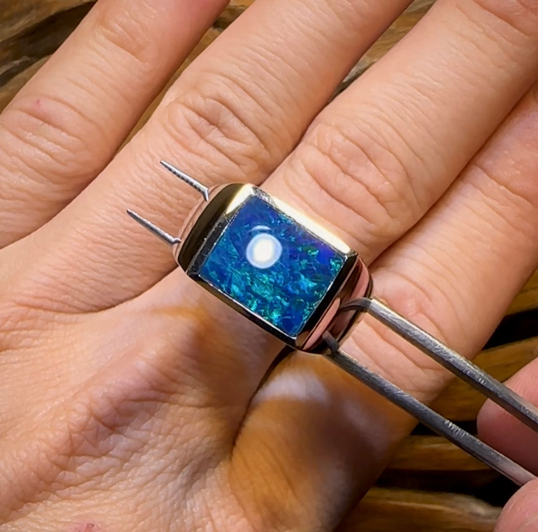 14k White Gold - Queensland Boulder Opal Doublet Ring - Opal Whisperers