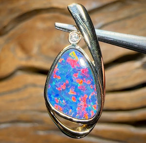 14k Gold - Queensland Boulder Doublet Opal Pendant Red Fire - Opal Whisperers