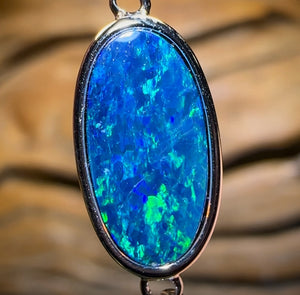 Sterling Silver - Australian Boulder Doublet Opal Bracelet Top Blue Larger Stone