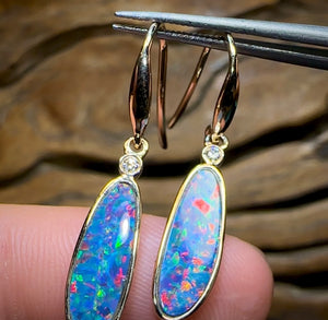 14k Gold - Australian Boulder Opal Doublet and Diamond Hook Earrings - Opal Whisperers