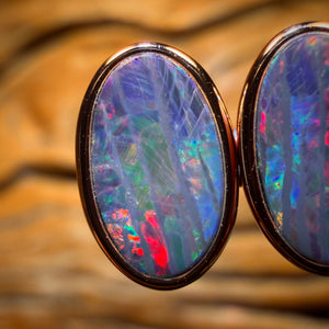 Sterling Silver Rose Gold Plated - Australian Boulder Opal Doublet Stud Earrings. Top Red Fire