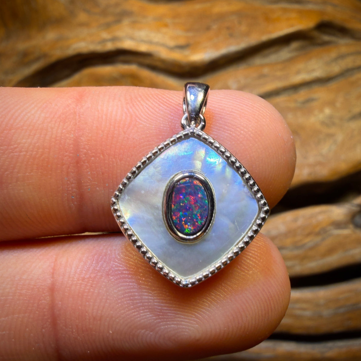 Sterling Silver - NEW DESIGN Queensland Boulder Opal Doublet and Mother Of Pearl Pendant. ONLY ONE IN RED FIRE
