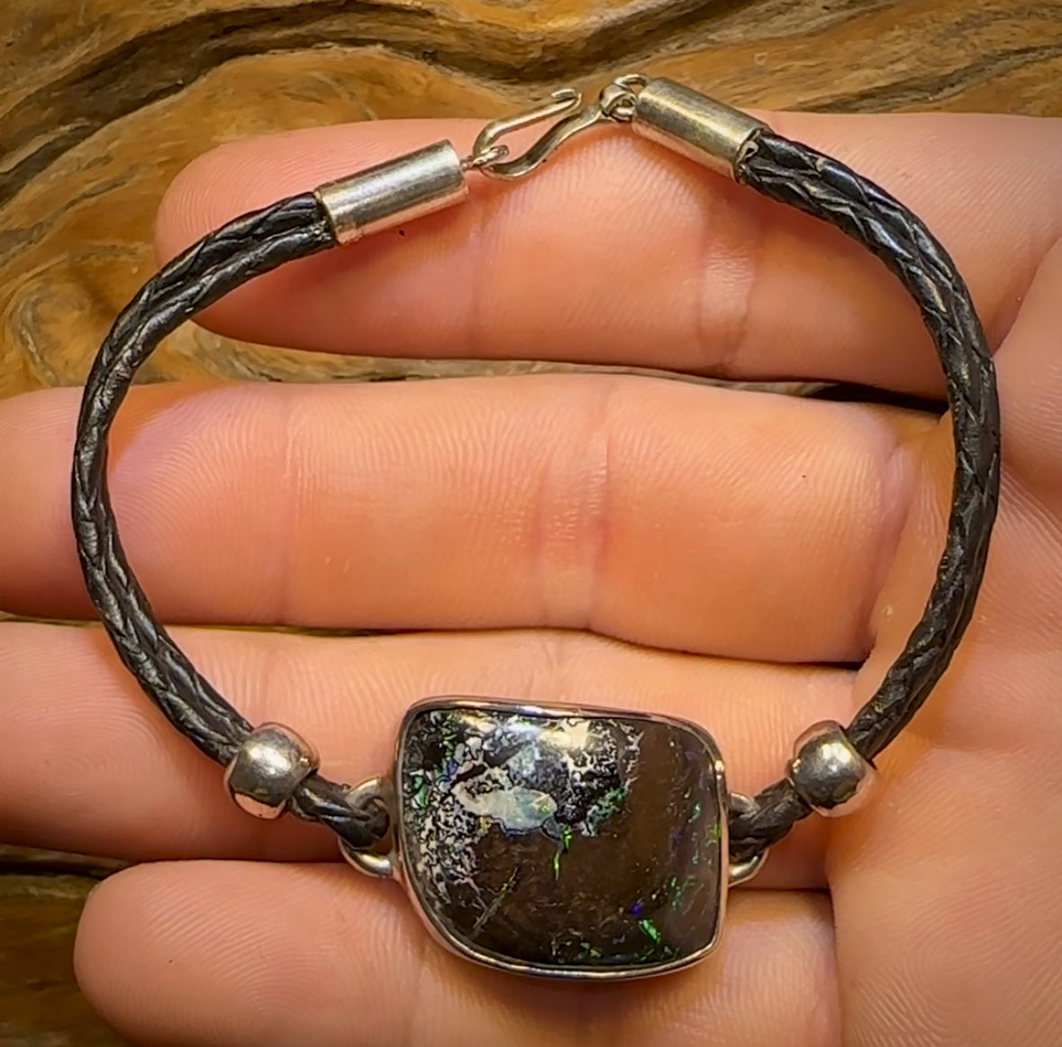Unique -Solid Australian Boulder Opal Bracelet w/ leather