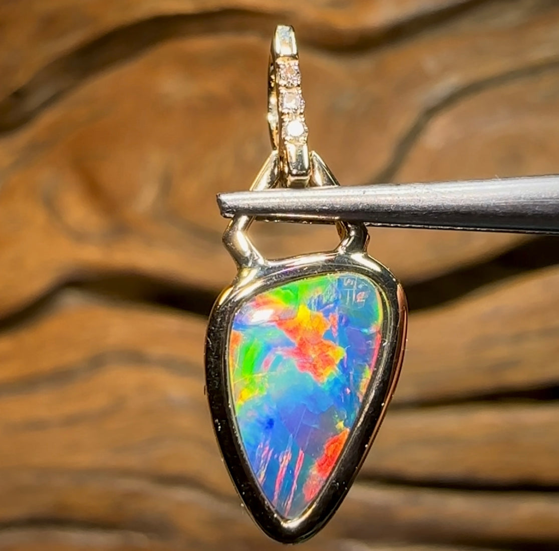 14k Yellow Gold and Diamond - Top Quality Boulder Doublet Opal Pendant - Opal Whisperers
