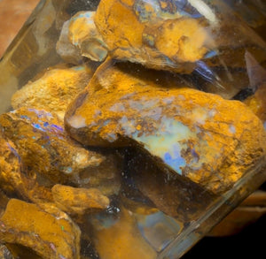 616,5 ct – Glas mit Yowah-Nussopal-Rohsteinen und fossilem Opal