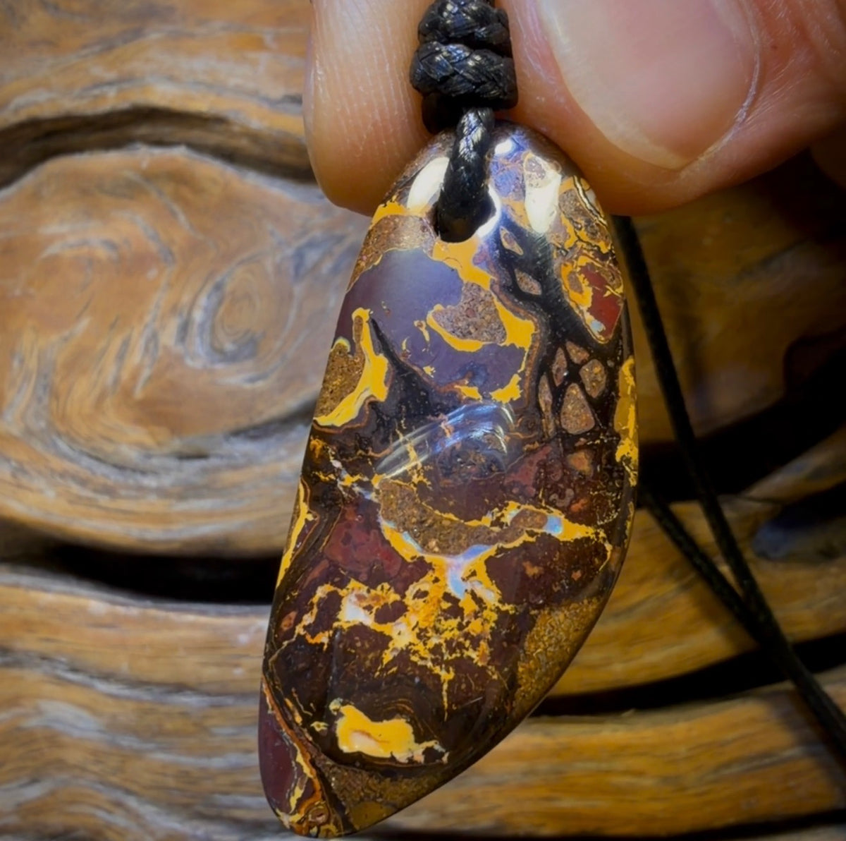 44 x 20mm - Drilled Boulder Opal Pendant w/ Eco Friendly Vegan Cord Double Sided
