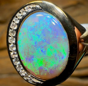 9k Gold - Large Solid Lightning Ridge Crystal Opal Ring with Diamonds Heritage Collection - Opal Whisperers